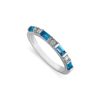 5/8 Carat Baguette Cut Swiss Blue Topaz & Diamond Band Ring in Sterling Silver